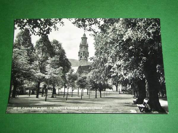 Cartolina Cavalese - Il Parco e Chiesa Parrocchiale 1945 ca