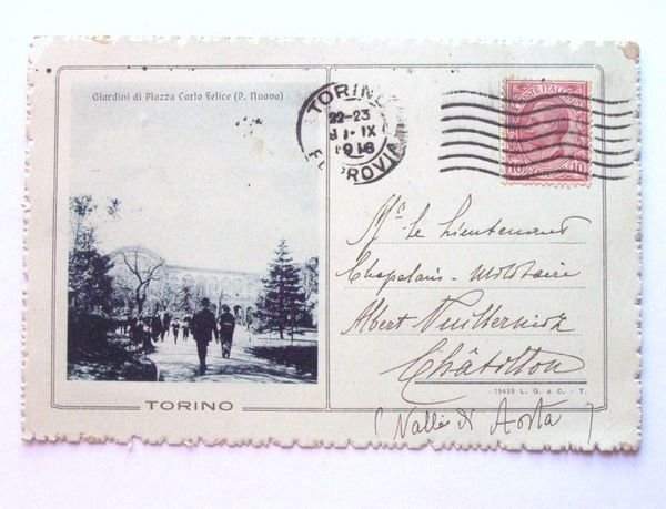 Cartolina Torino - Giardini di Piazza Carlo Felice 1918