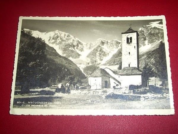 Cartolina Macugnaga - Chiesa vecchia e M. Rosa 1940 ca