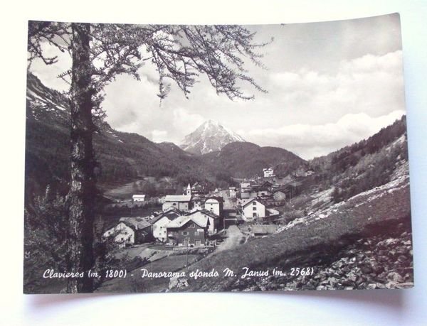 Cartolina Claviere - Panorama con sfondo M. Janus 1950
