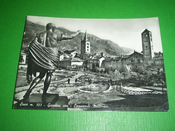 Cartolina Susa - Giardini con i Campanili Millenari 1959