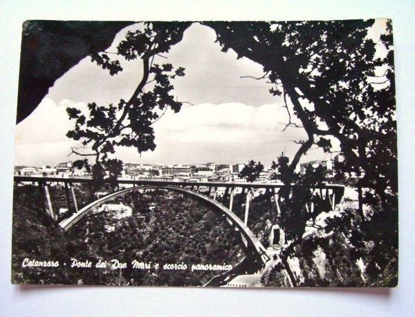 Cartolina Catanzaro - Ponte Due Mari e panorama 1957