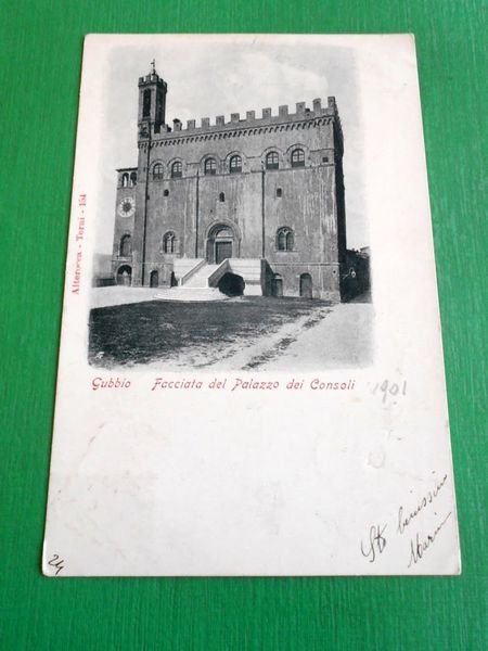 Cartolina Gubbio - Facciata del Palazzo dei Consoli 1901