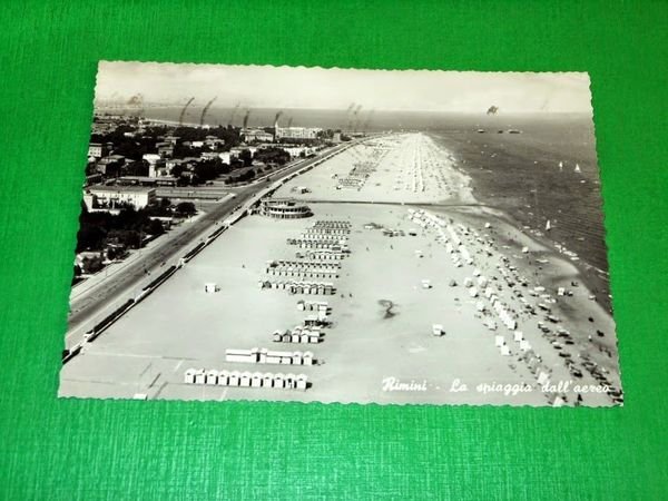 Cartolina Rimini - La spiaggia dall' aereo 1957