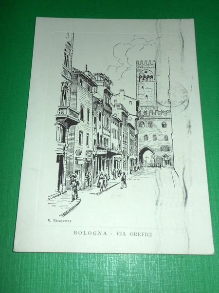 Cartolina Bologna - Via Orefici - illustratore R. Franzoni 1954