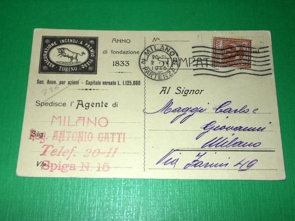 Cartolina Pubblicità - Assicurazione Incendi a Premio - Torino 1915