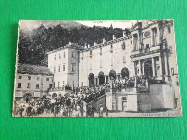 Cartolina Oropa - Lo scalone - Processione di Biella 1913