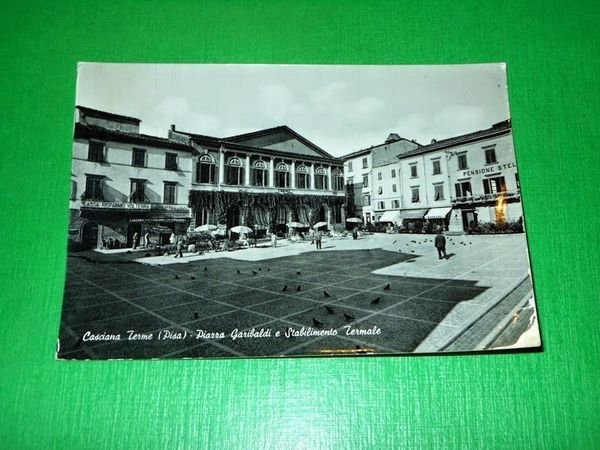 Cartolina Casciana Terme - Piazza Garibaldi e Stabilimento Termale 1963