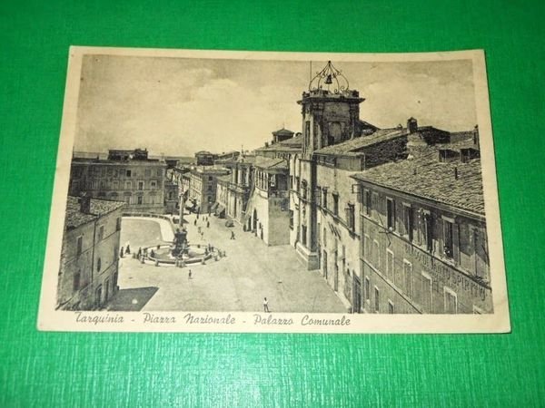 Cartolina Tarquinia - Piazza Nazionale - Palazzo Comunale 1951