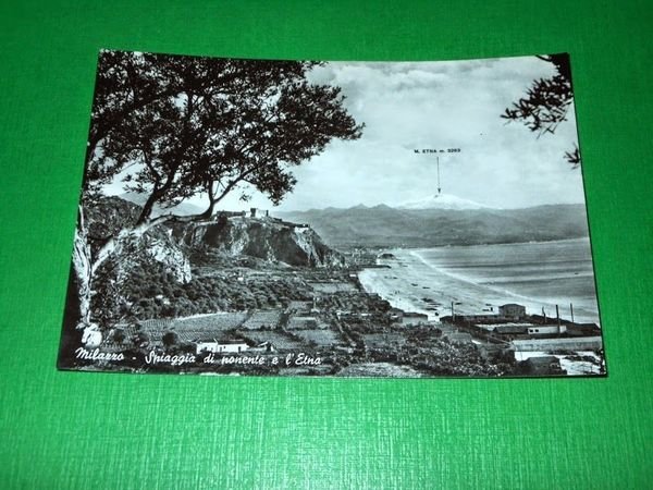 Cartolina Milazzo - Spiaggia di ponente e l' Etna 1961