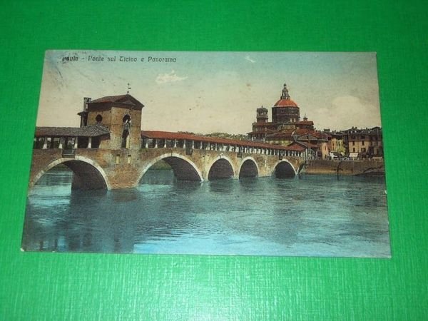 Cartolina Pavia - Ponte sul Ticino e Panorama 1915