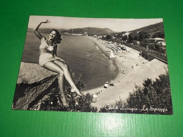 Cartolina Cavi di Lavagna - La spiaggia 1956.
