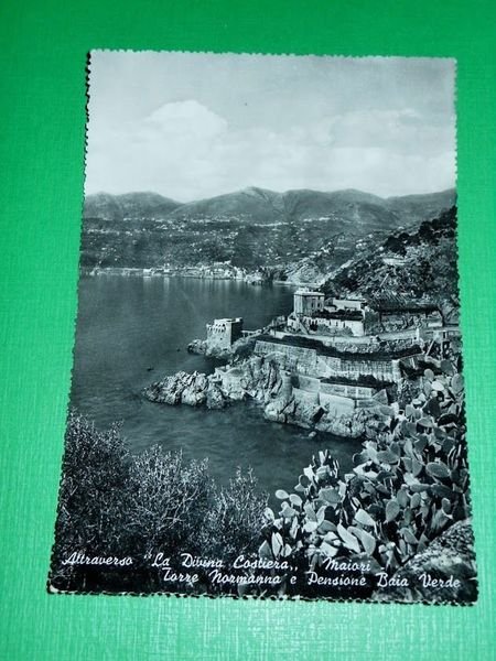 Cartolina Maiori - Torre Normanna e Pensione Baia Verde 1953
