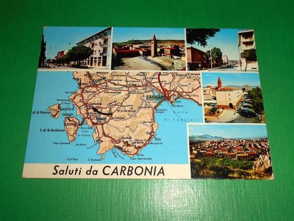 Cartolina Saluti da Carbonia - Vedute diverse 1971