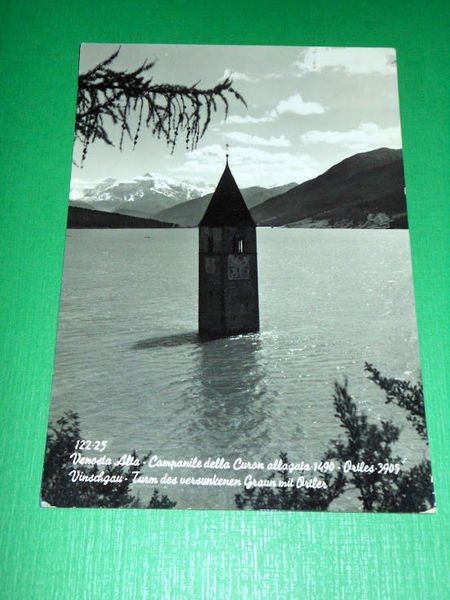 Cartolina Venosta Alta - Campanile della Curon - Ortles 1957