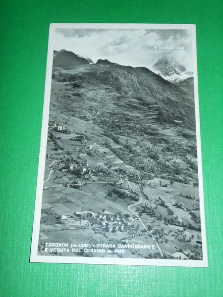 Cartolina Torgnon - Strada carrozzabile e veduta del Cervino 1949