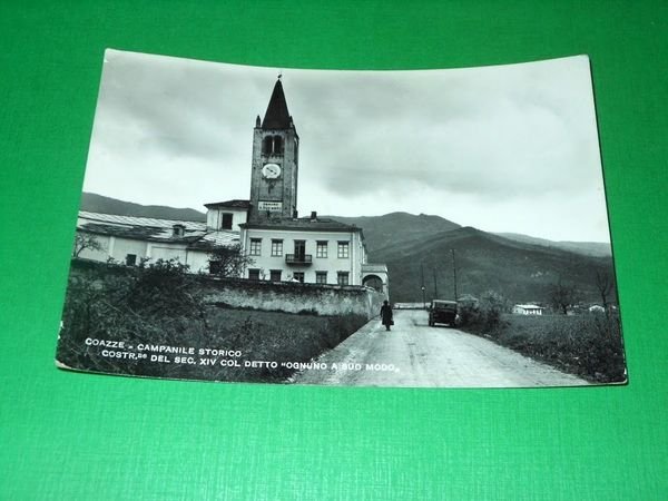 Cartolina Coazze - Campanile storico "Ognuno a suo modo" 1954