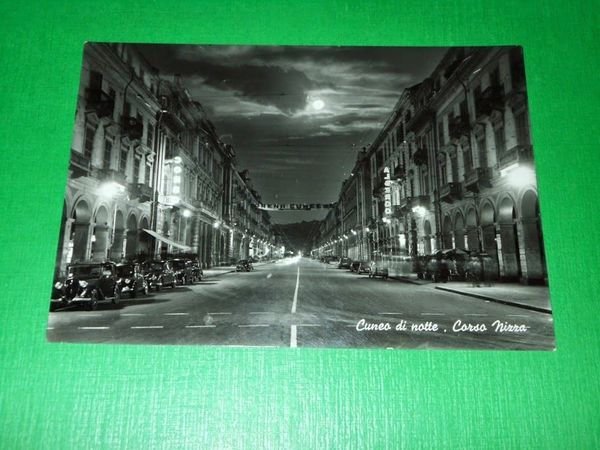 Cartolina Cuneo di notte - Corso Nizza 1955
