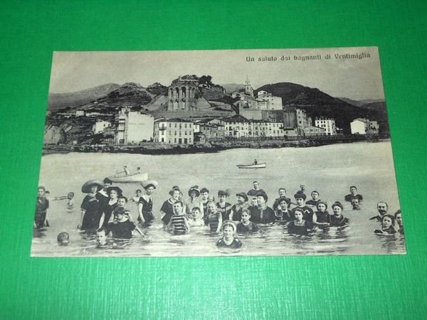 Cartolina Ventimiglia -- Un saluto dai bagnanti 1910 ca | Immagine principale