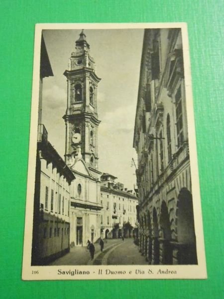 Cartolina Savigliano - Il Duomo e Via S. Andrea 1948