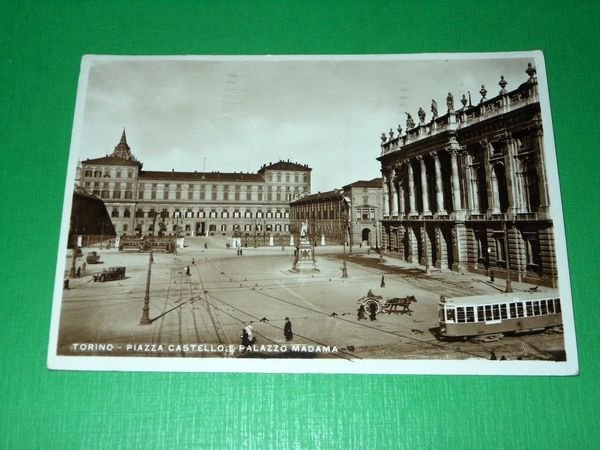 Cartolina Tram Torino - Piazza Castello e Palazzo Madama 1934