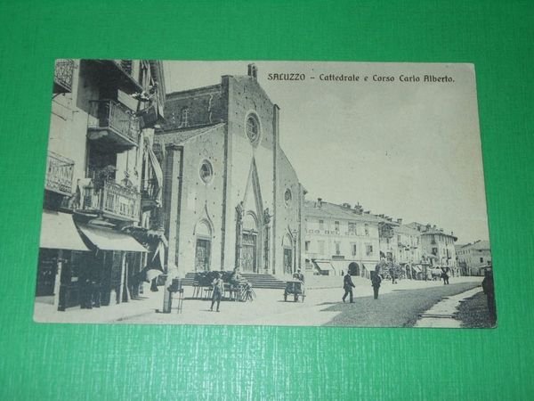 Cartolina Saluzzo - Cattedrale e Corso Carlo Alberto 1910