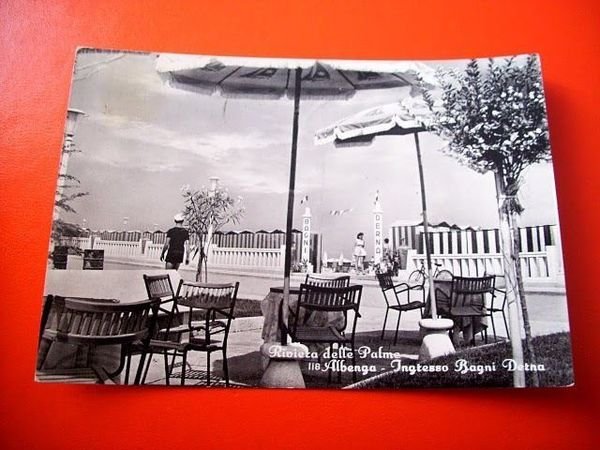 Cartolina Albenga - Ingresso Bagni Derna 1957.