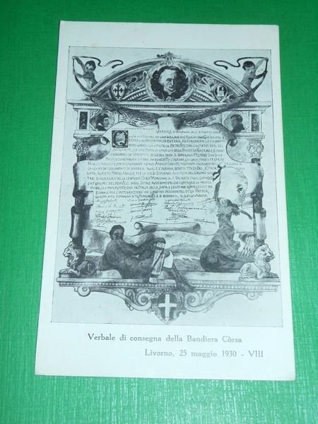 Cartolina Livorno - Verbale di consegna della Bandiera Còrsa 1930