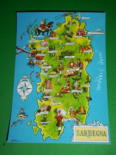 Cartolina Cartina della Sardegna ( Bosa Alghero Sardara Carbonia ecc. …