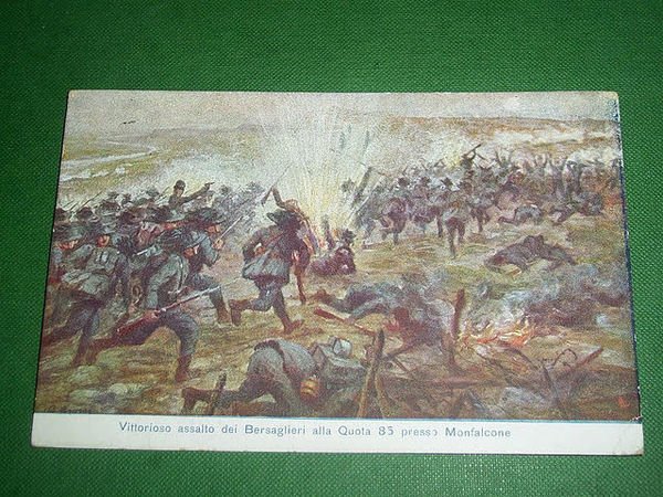 Cartolina Assalto dei Bersaglieri alla Quota 85 presso Monfalcone 1917