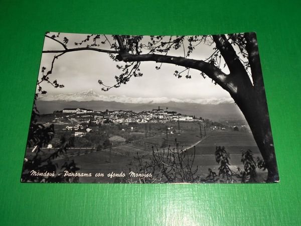 Cartolina Mondovì - Panorama con sfondo Monviso 1958.