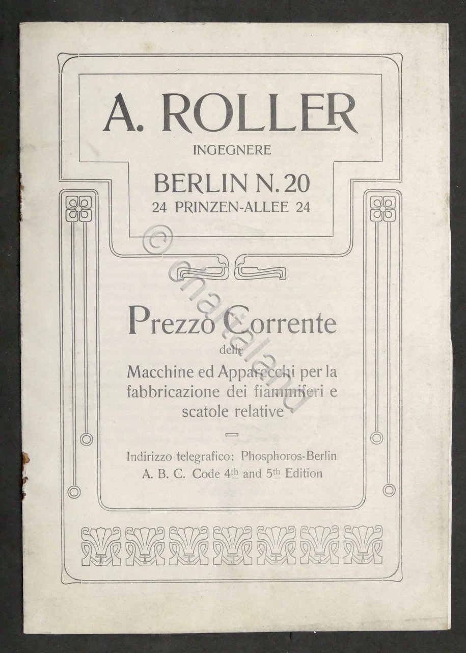 A. Roller Listino Prezzi Macchine e Apparecchi Fabbricazione Fiammiferi anni …