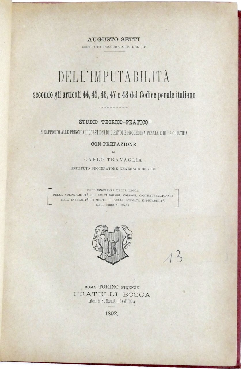 A. Setti - Dell'imputabilità - Diritto e procedura penale e … | Immagine principale