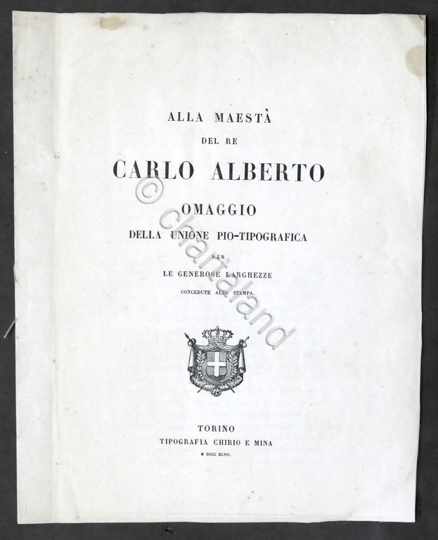 Al Re Carlo Alberto di Savoia - Omaggio della Unione …