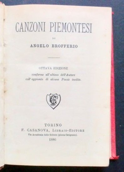 Angelo Brofferio - Canzoni Piemontesi - ed. 1886 | Immagine principale