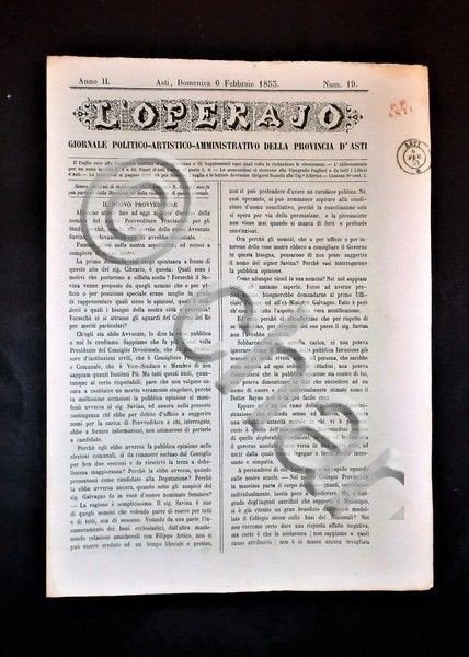Asti - Giornale L'Operajo (operaio) - N° 19 - Anno …