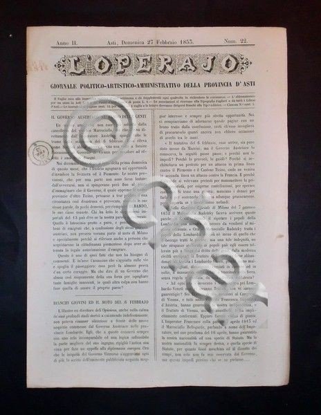 Asti - Giornale L'Operajo (operaio) - N° 22 - Anno …