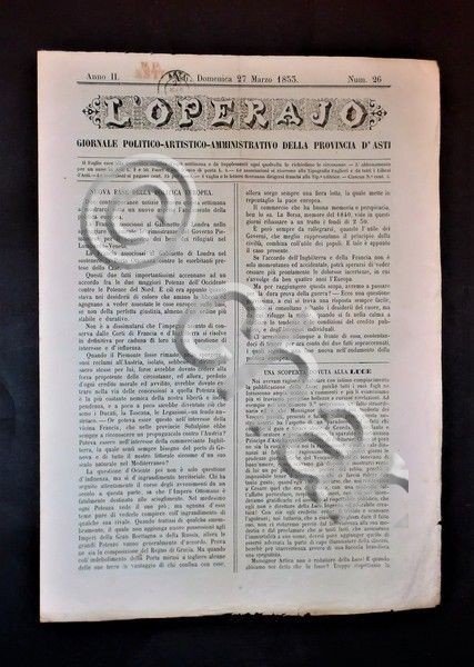 Asti - Giornale L'Operajo (operaio) - N° 26 - Anno …