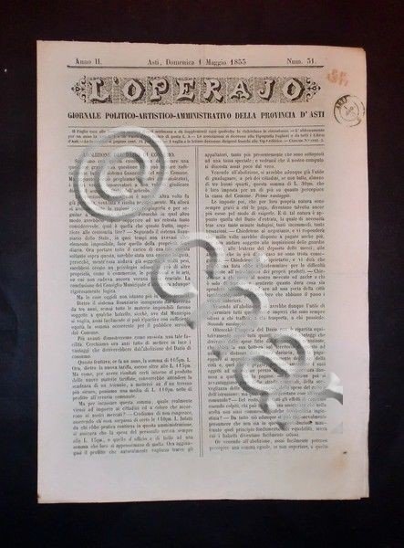 Asti - Giornale L'Operajo (operaio) - N° 31 - Anno …