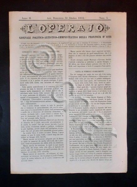 Asti - Giornale L'Operajo (operaio) - N° 5 - Anno …