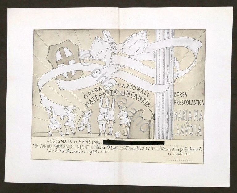 Attestato Borsa Prescolastica Maria Pia di Savoia per l'anno 1936 …