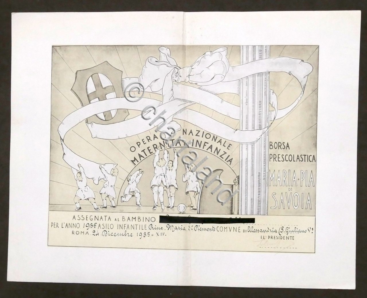 Attestato Borsa Prescolastica Maria Pia di Savoia per l'anno 1936 …