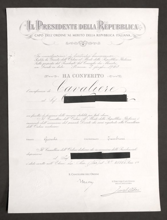 Attestato Onorificenza Cavaliere Ordine al Merito della Repupplica Italiana 1960