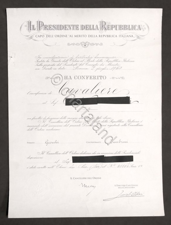 Attestato Onorificenza Cavaliere Ordine al Merito della Repupplica Italiana 1960