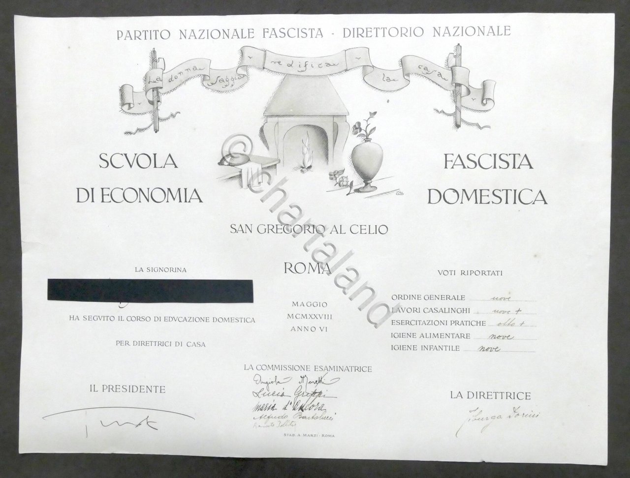 Attestato Scuola Fascista di Economia Domestica San Gregorio al Cielo …