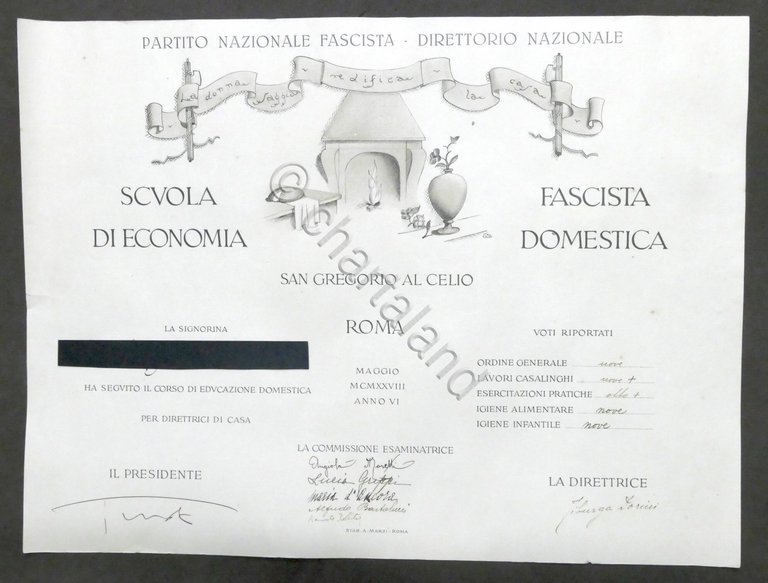 Attestato Scuola Fascista di Economia Domestica San Gregorio al Cielo Roma 1928