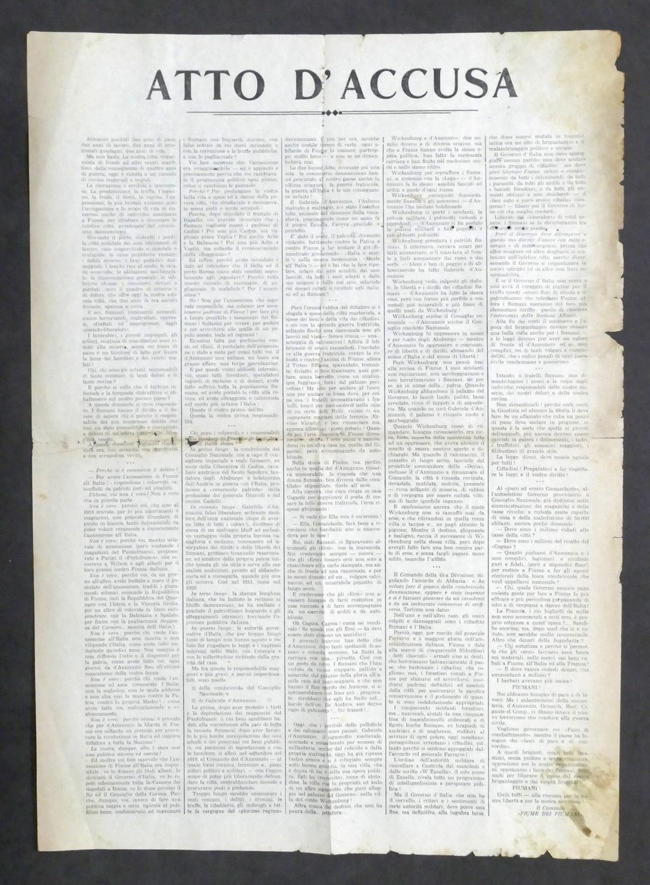 Atto d'Accusa - Volantino Città di Fiume - anni '20