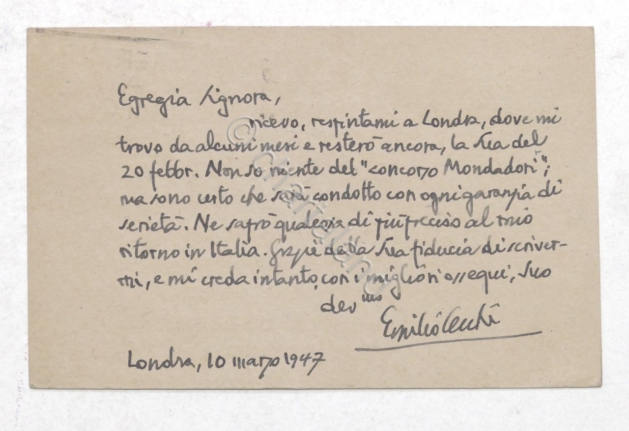 Autografo del critico letterario Emilio Cecchi su cartolina - 1947