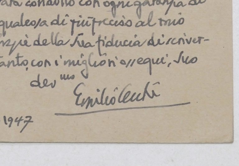 Autografo del critico letterario Emilio Cecchi su cartolina - 1947