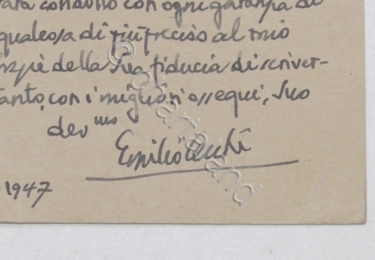 Autografo del critico letterario Emilio Cecchi su cartolina - 1947